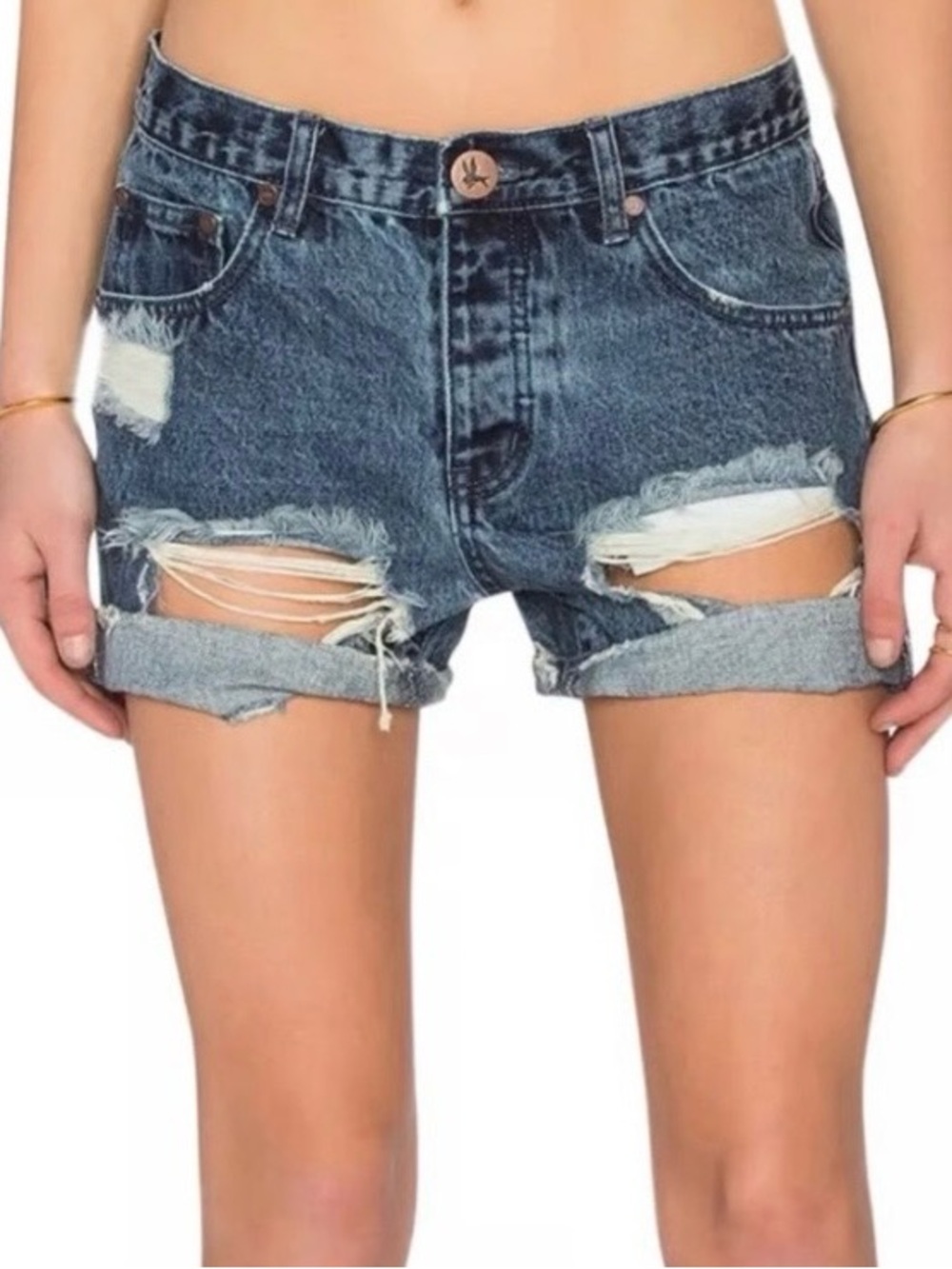 One Teaspoon Charger Rolled Hem Distressed Denim Shorts - Blue SZ 29 or 8
